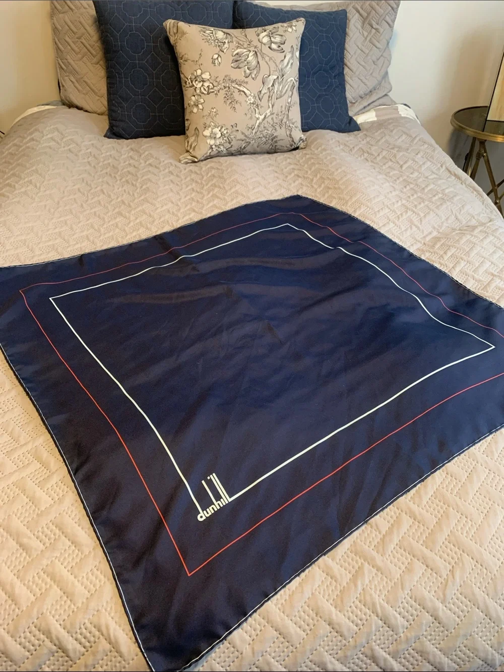 $450 Dunhill Silk Navy Square Scarf with Red and white border made in Italy